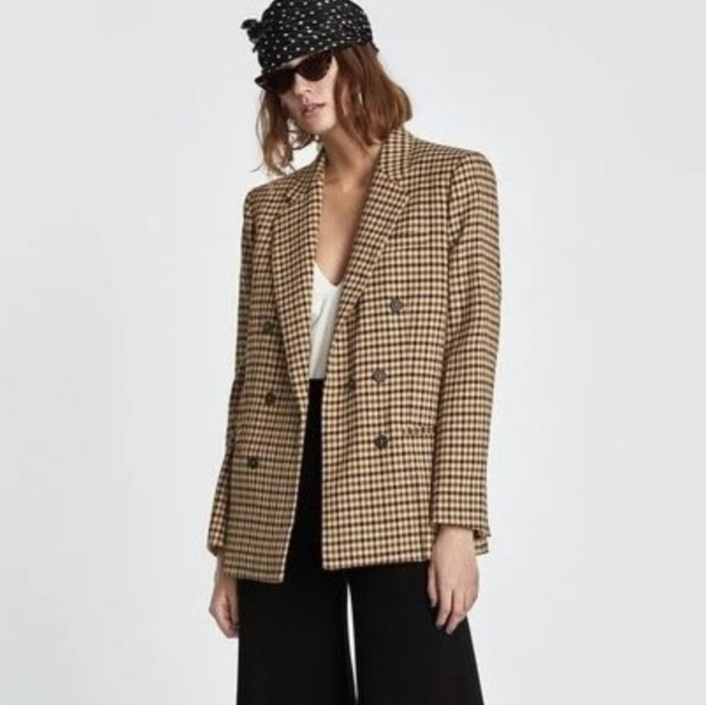 Zara Woman Check Gingham Pattern Double Breasted Blazer Brown Sz M